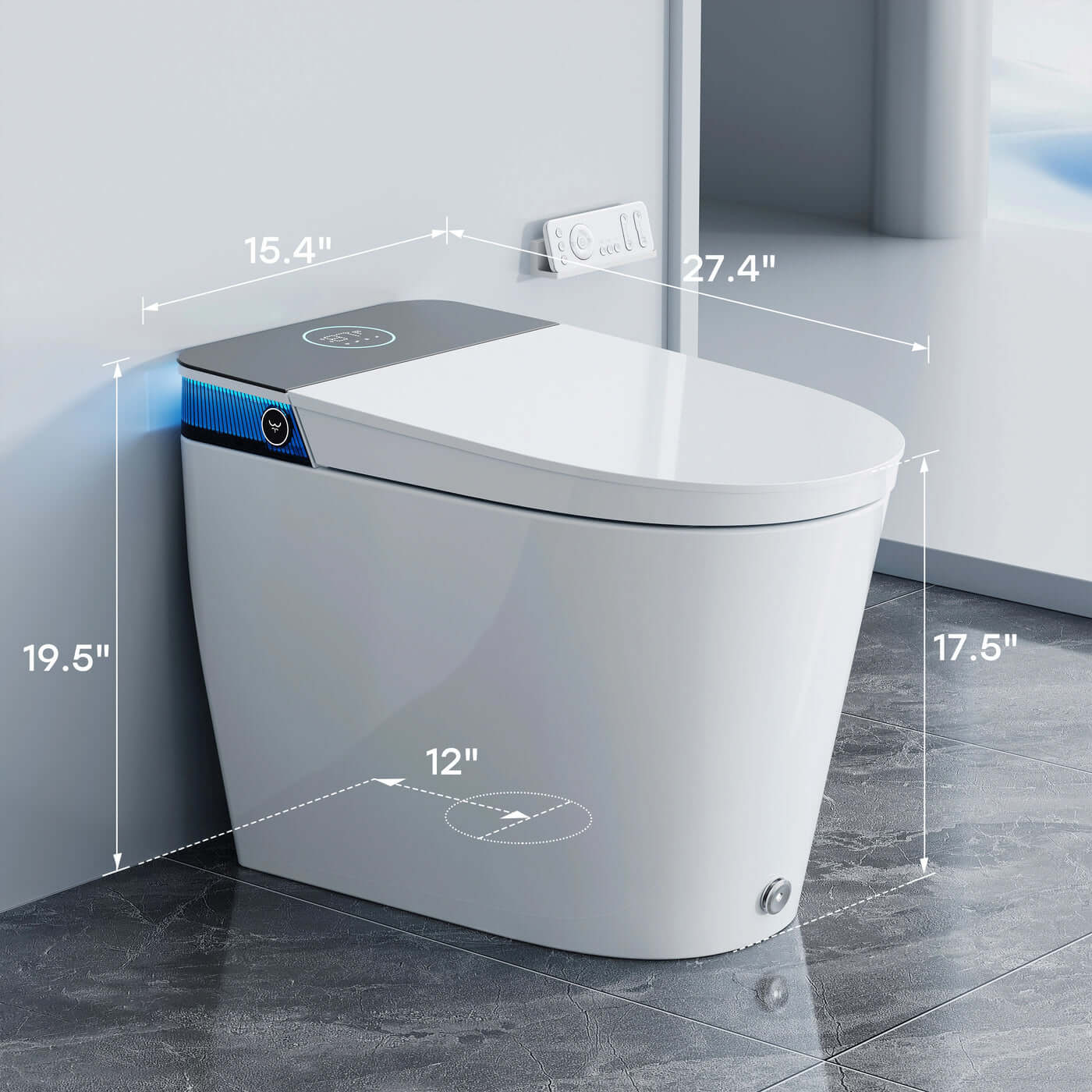 Smart toilet bowl with dimensions labeled in a bathroom setting