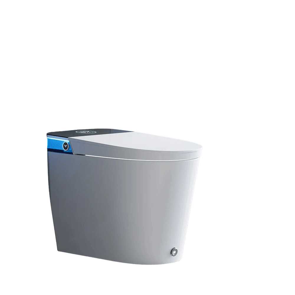 White smart tankless toilet with blue accent on a black background