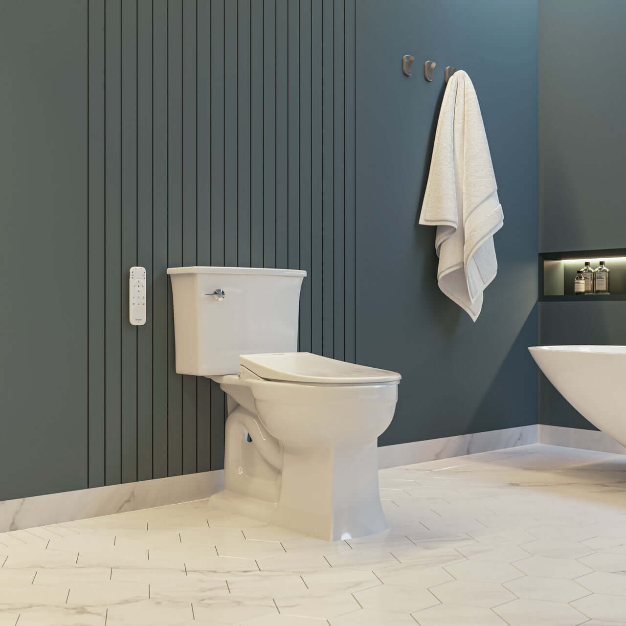 Modern bathroom featuring a Brondell Swash Eco Thinline T66 Luxury Bidet Toilet Seat and stylish decor.