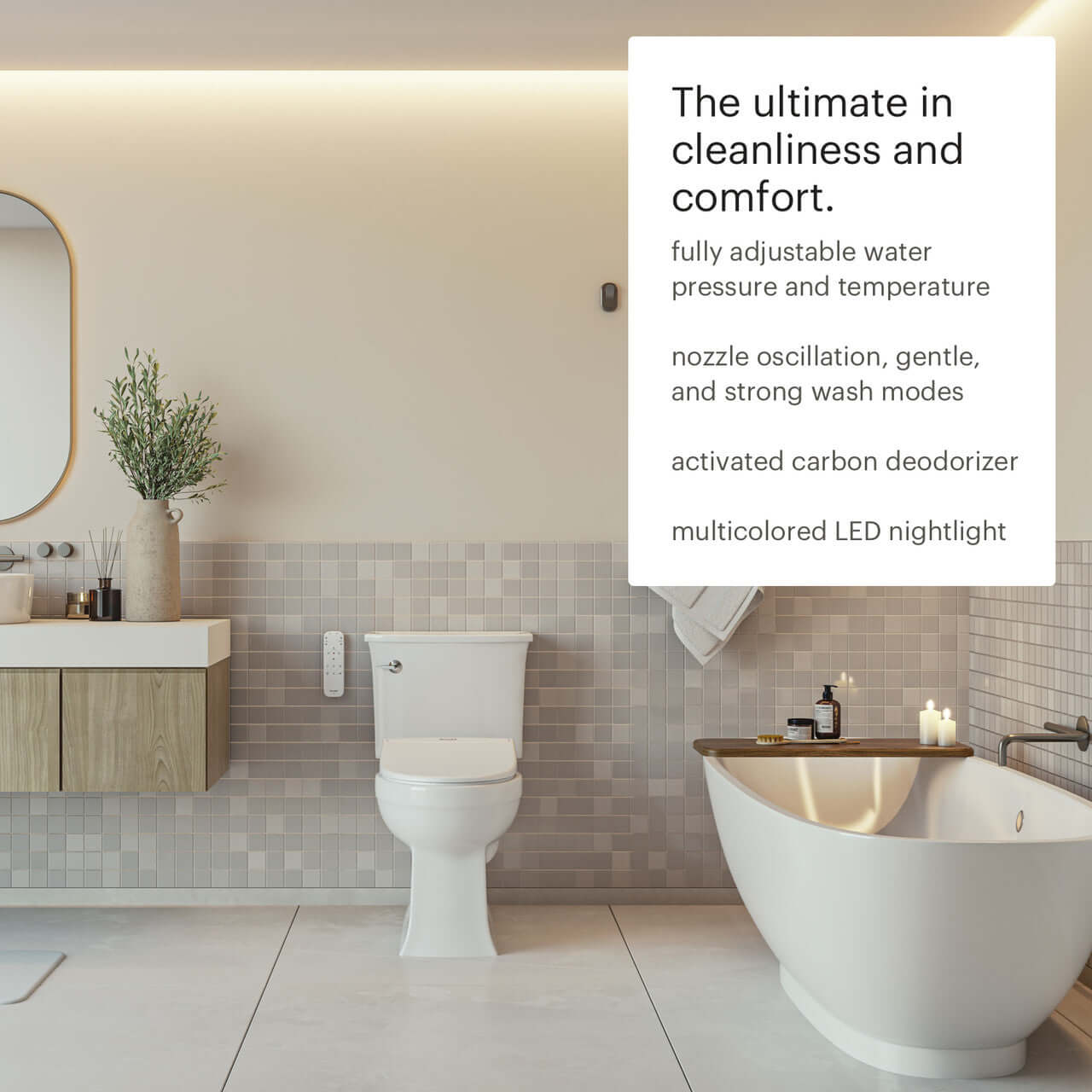 Modern bathroom featuring Brondell Swash Eco Thinline T66 bidet toilet seat, highlighting cleanliness, comfort, and advanced features.