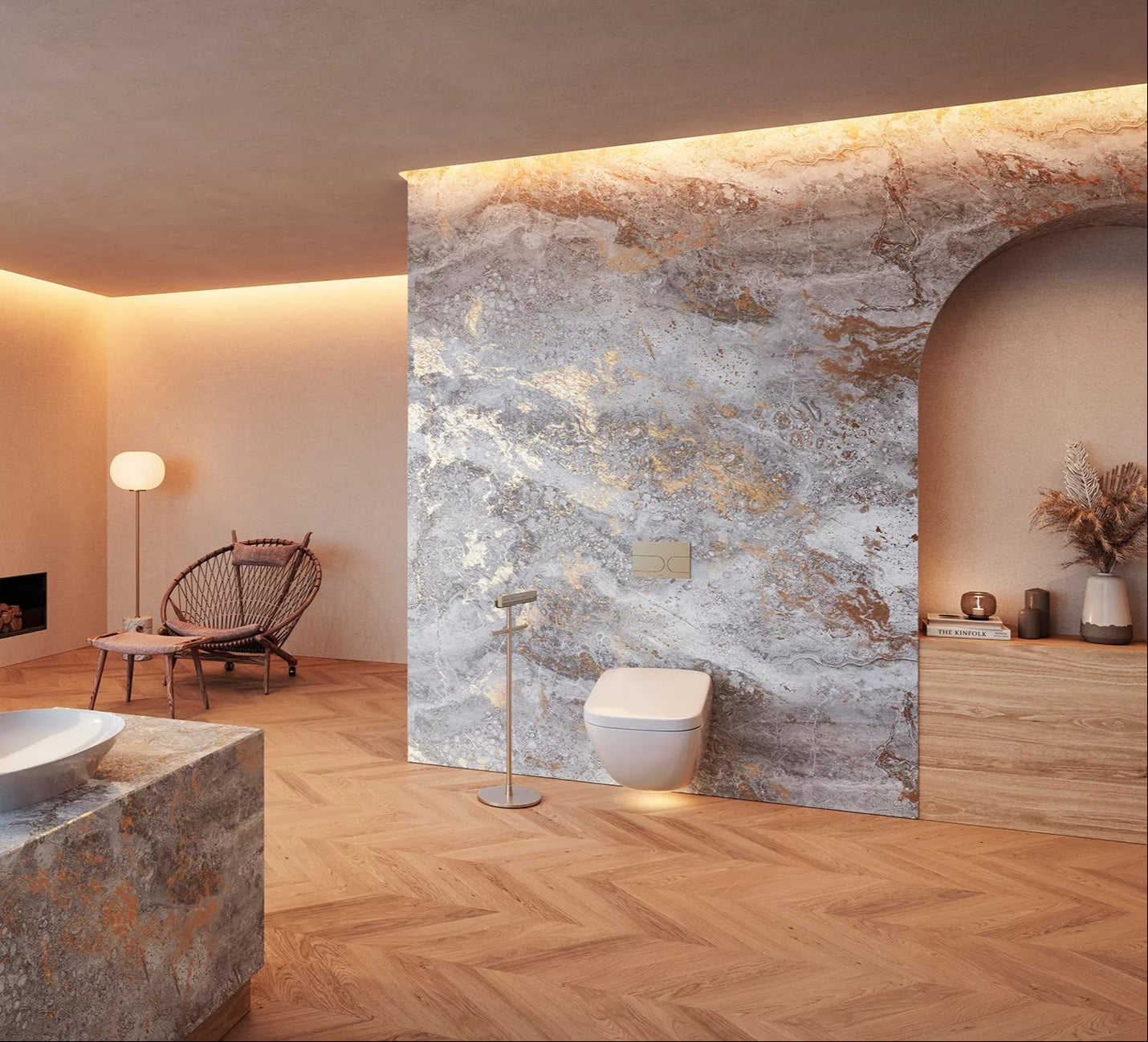 Modern bathroom with marble accents, a bathtub, and a stone wall.