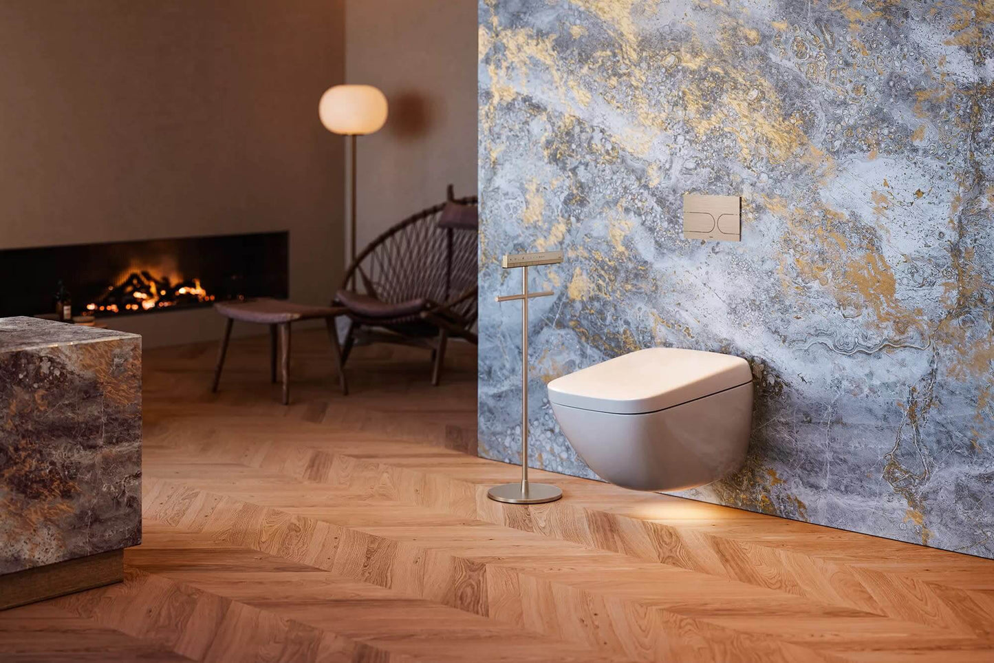 Modern bathroom with a toilet against a textured wall, wooden floor, and fireplace.