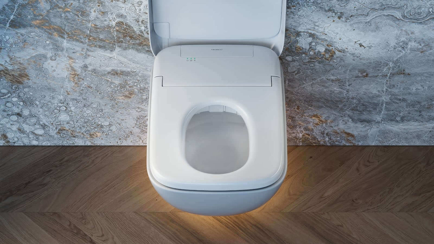 Wall mounted toilet with nightlight shining on floor underneath with lid open