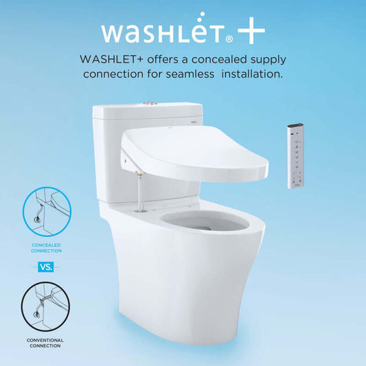 TOTO WASHLET+ C2 bidet toilet with concealed supply connection and remote control for modern bathroom design.