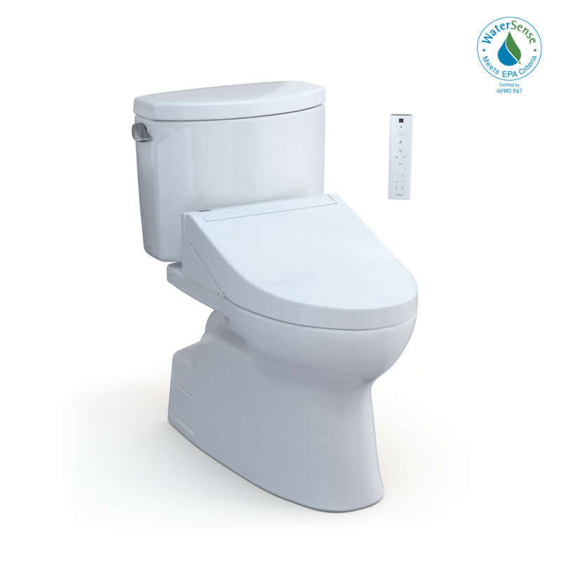 White toilet on white background with remote
