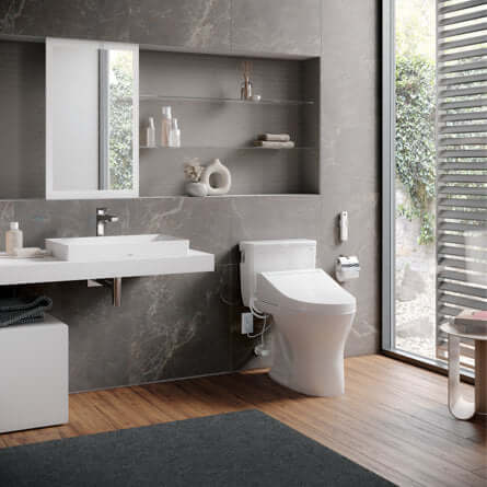 Modern bathroom featuring TOTO Washlet C5 bidet toilet seat, sleek vanity, and stylish decor.
