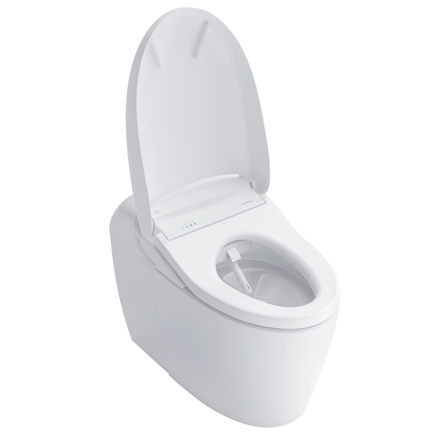 White toilet with open lid on a white background