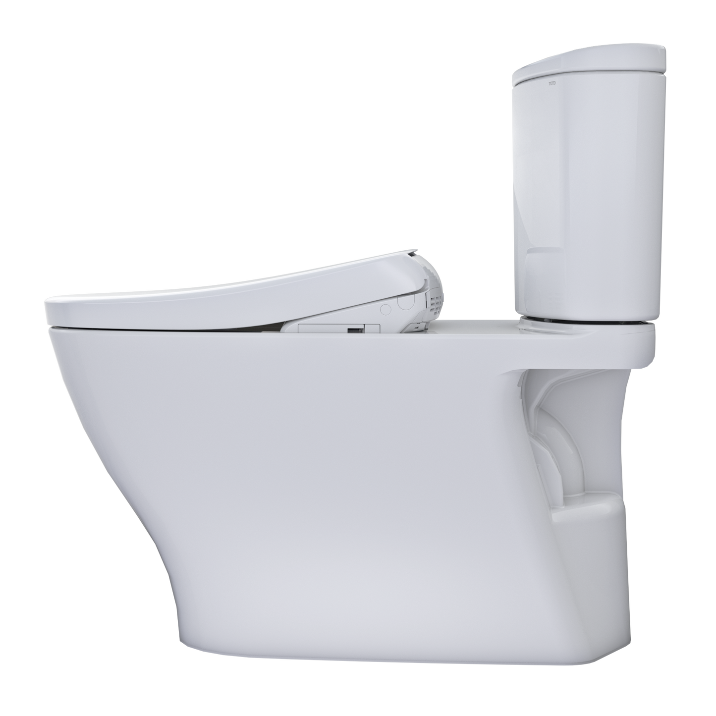 Side view of White TOTO Nexus toilet with bidet attachment on a white background