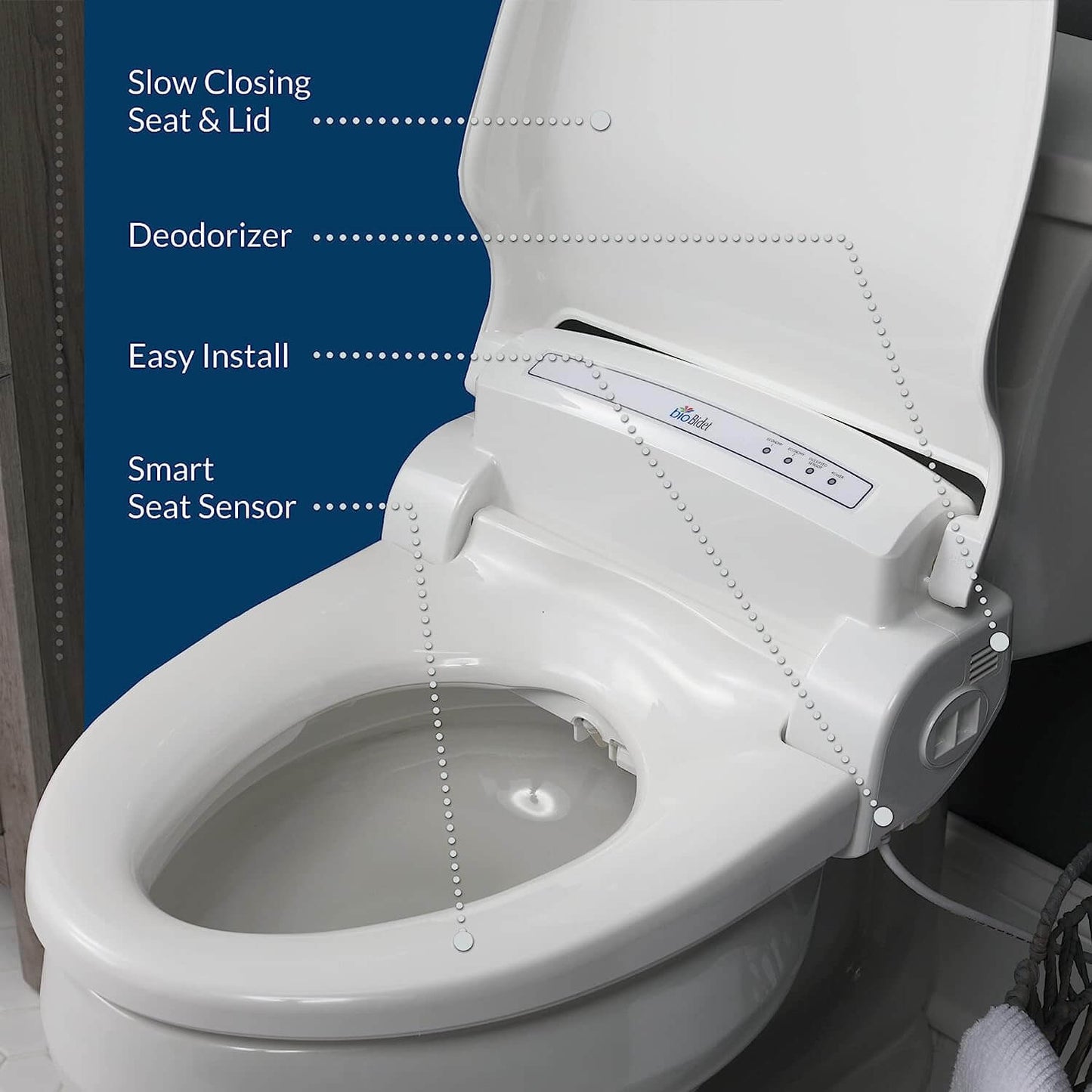 BB-1000 Supreme Bio Bidet Smart Toilet Seat - Side view with lid up with list of features