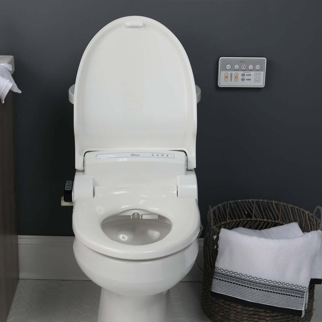 BB-1000 Supreme Bio Bidet Smart Toilet Seat - Front view of seat installed on toilet with lid up