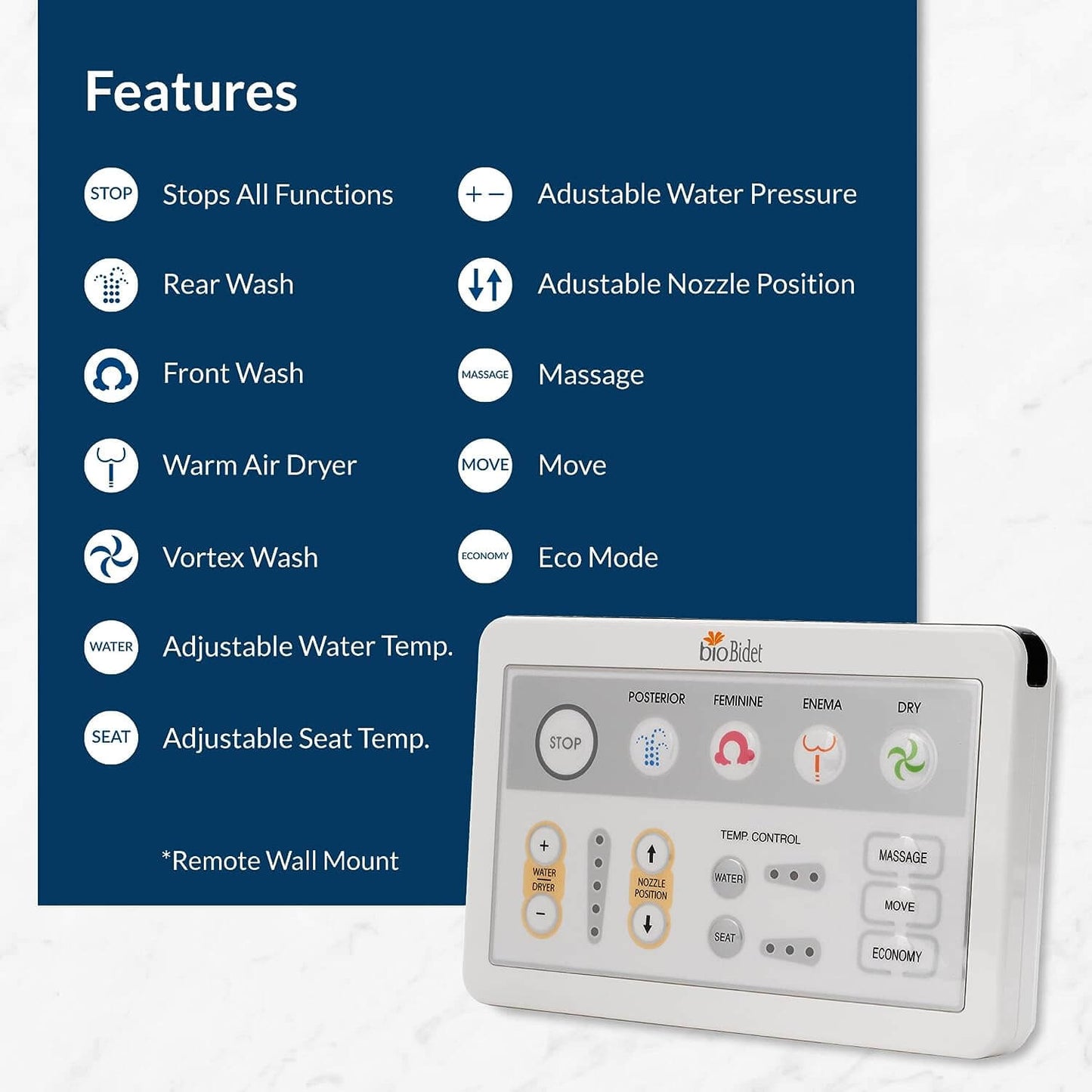BB-1000 Supreme Bio Bidet Smart Toilet Seat - Remote control with list of functions