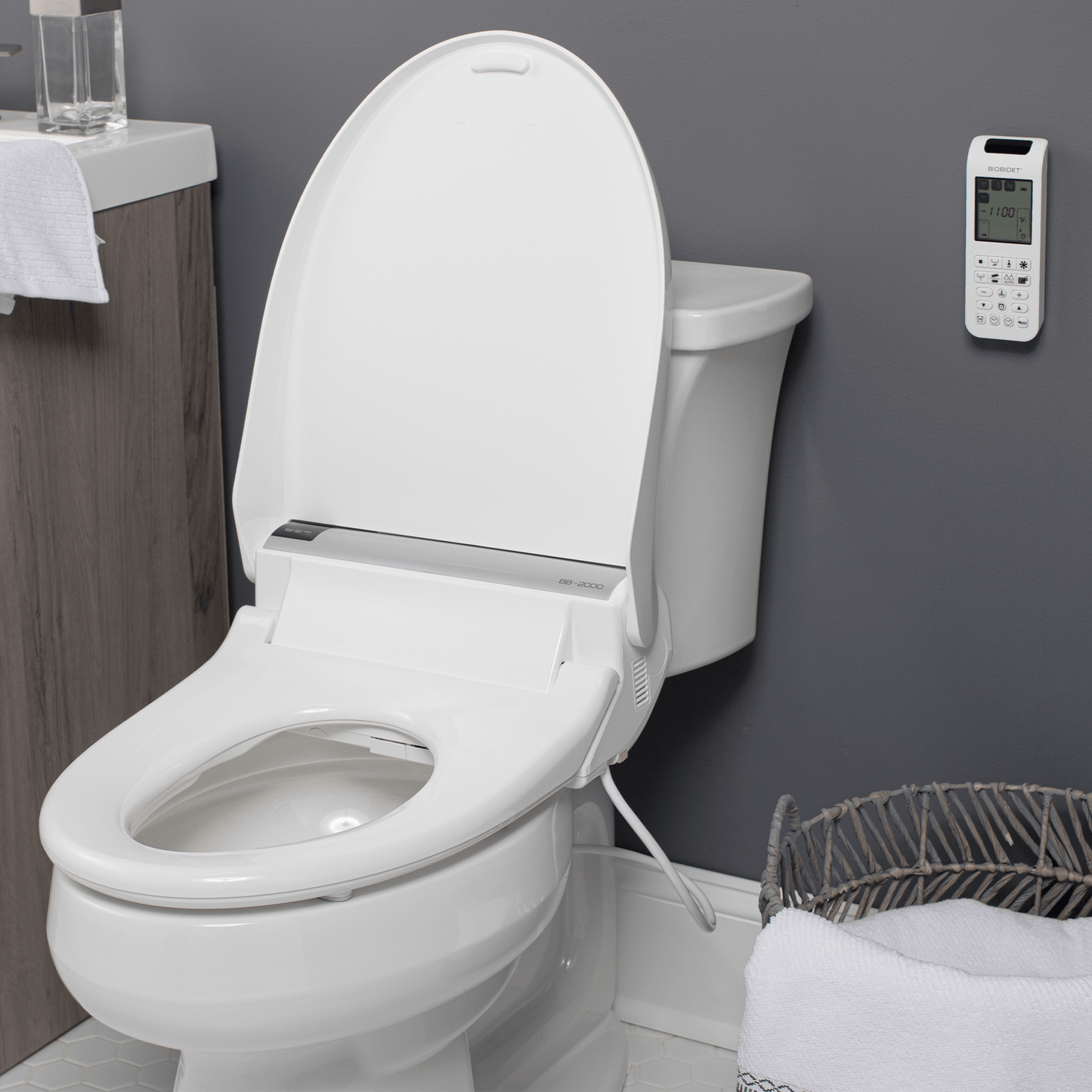 BB-2000 Bio Bidet Bliss Smart Toilet Seat - Front view of seat installed on toilet with lid up