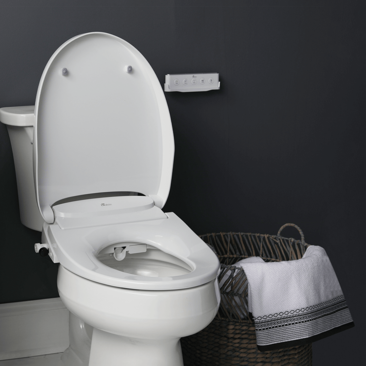 Bio Bidet Discovery DLS Smart Toilet Seat - Diagonal view of seat installed on toilet with lid up