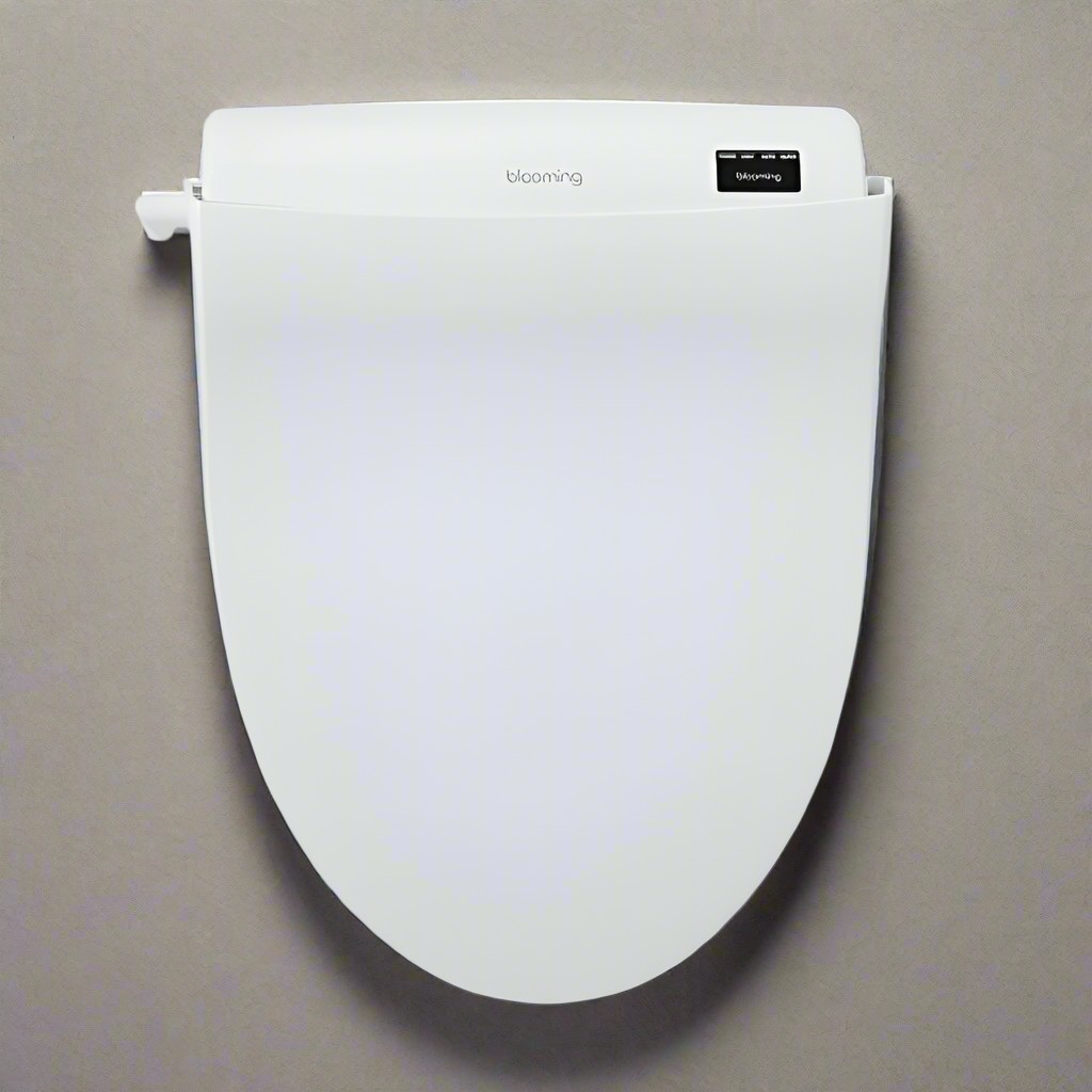 Blooming R1570 Bidet seat on beige surface, looking from above, lid closed