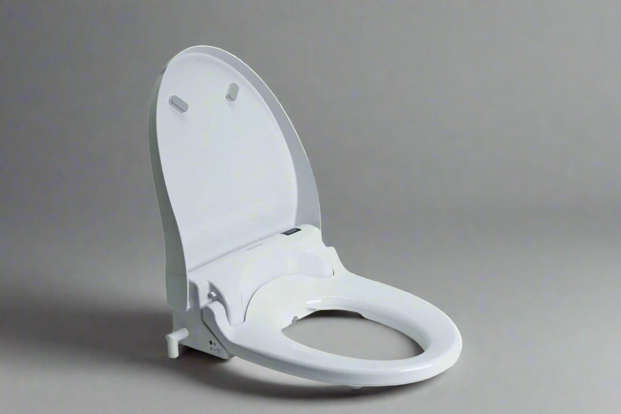 Blooming Bidet R1570 Smart Bidet Toilet Seat - Diagonal view from across the room with lid up