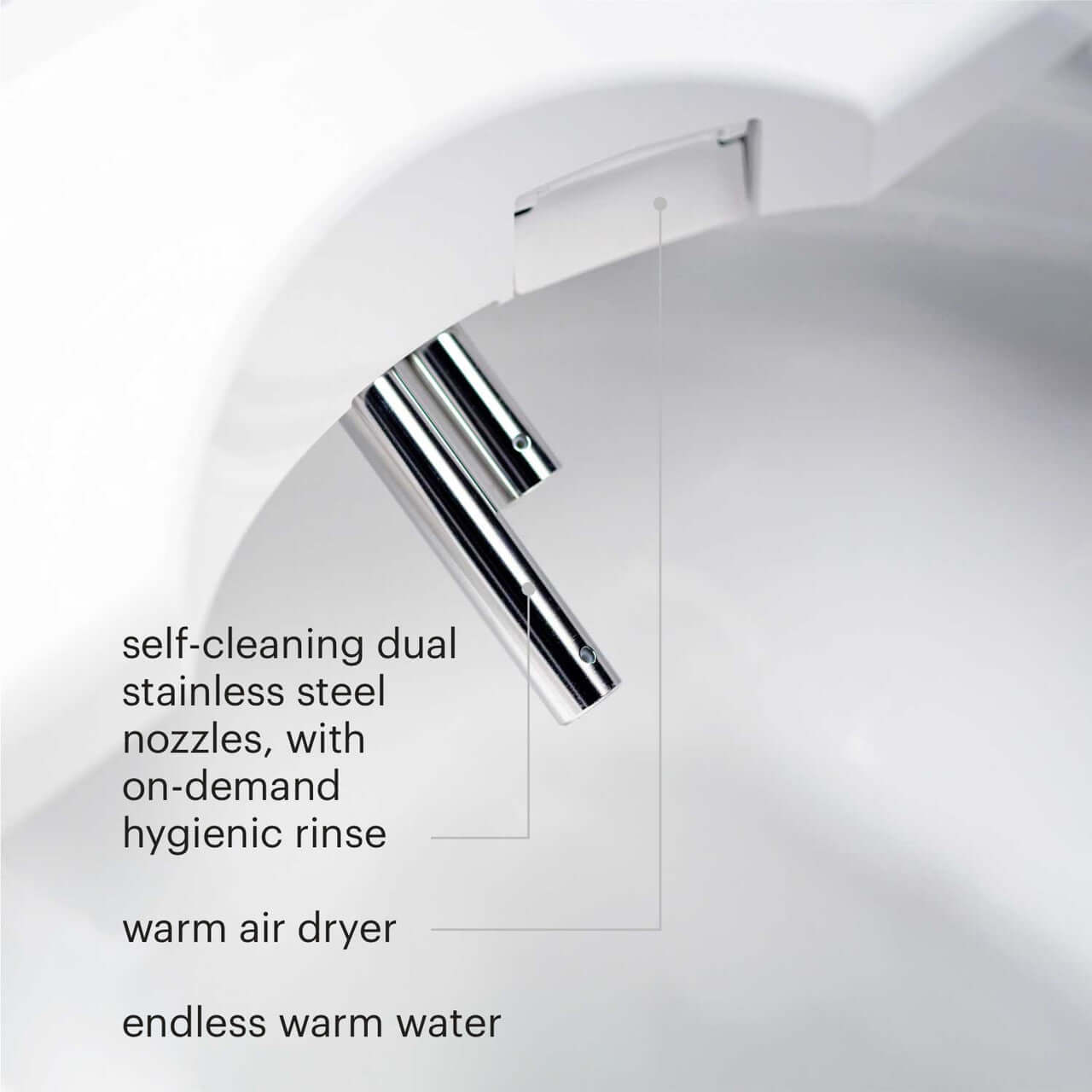 Brondell Swash 1400 bidet toilet seat features dual stainless steel nozzles and endless warm water for enhanced hygiene.