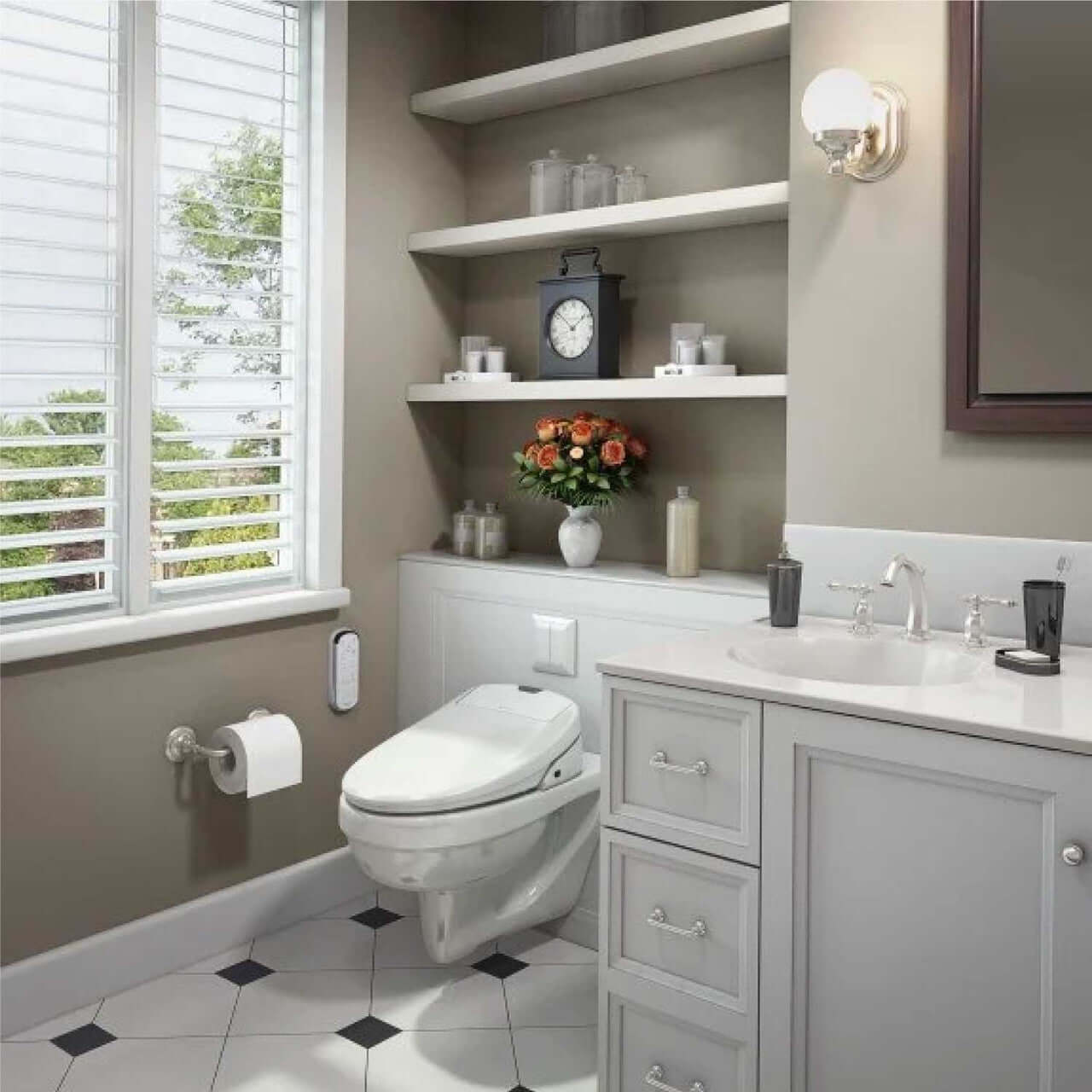 Modern bathroom featuring Brondell Swash 1400 luxury smart bidet toilet seat with elegant decor and natural light.