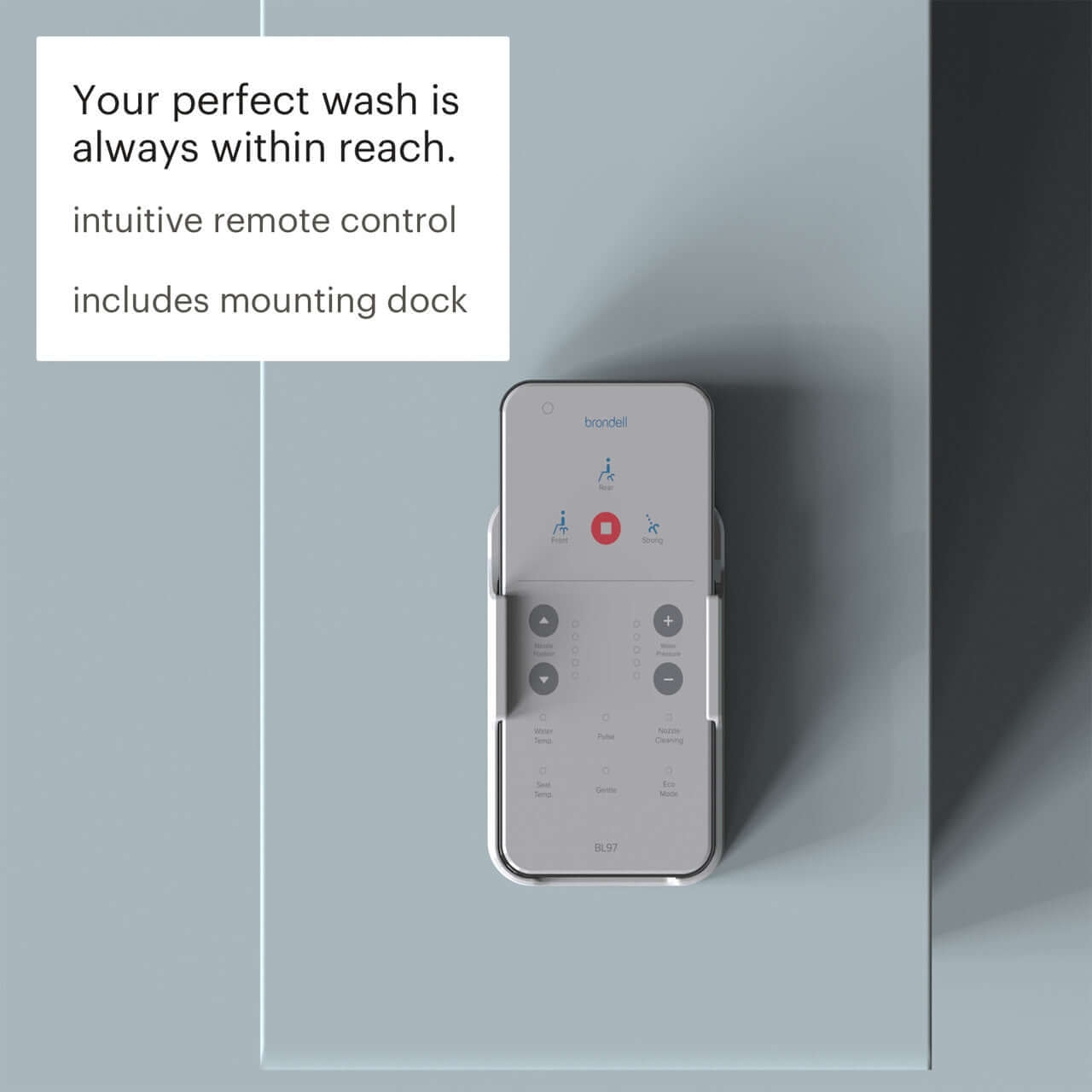 Swash BL97 Advanced Bidet Toilet Seat with Remote Control - Top view of remote in wall hanger