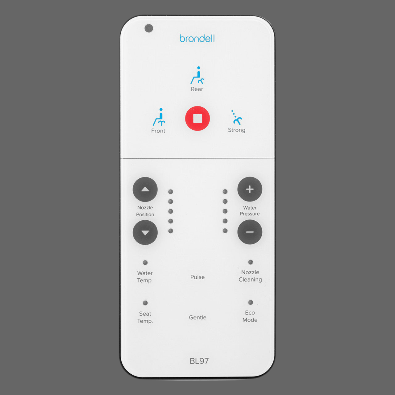 Brondell Swash BL97 bidet toilet seat remote control with adjustable features and settings.