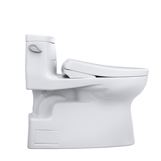 Side view of the TOTO Carolina II Washlet+ S7A Bidet Toilet in white, showcasing sleek design and advanced technology.