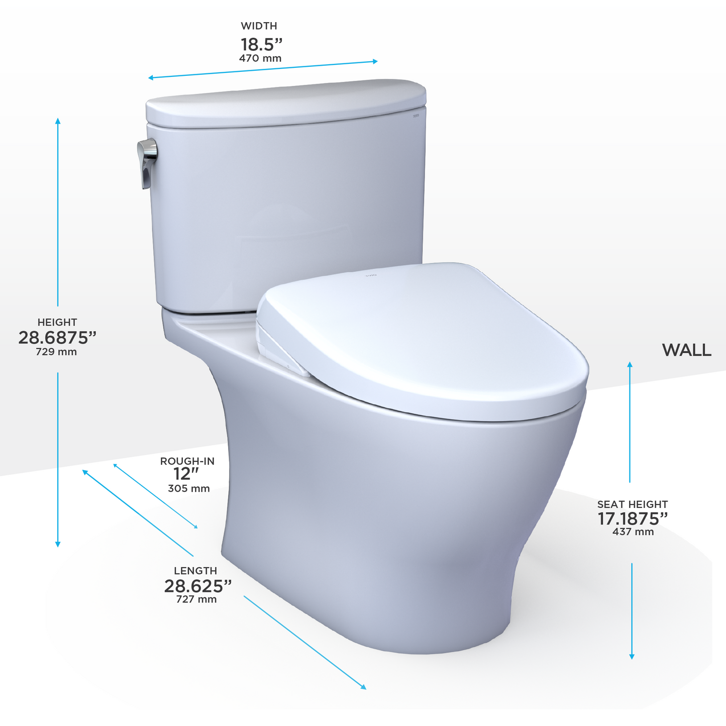 White TOTO Nexus toilet on white background with dimensions labeled