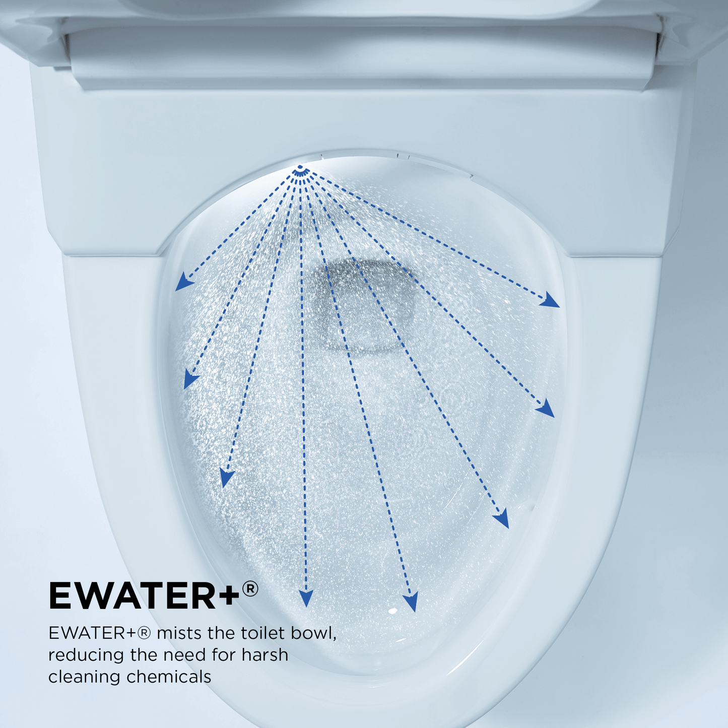 Toilet bowl with EWater+ misting system shown, reducing the need for harsh cleaning chemicals.