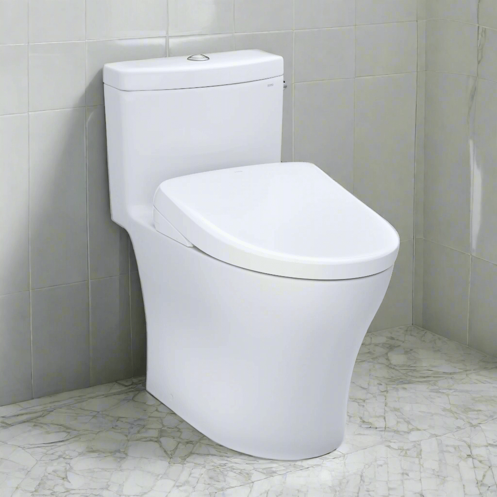TOTO Aquia IV Washlet+ S7A Bidet Toilet in a modern bathroom with marble floor.