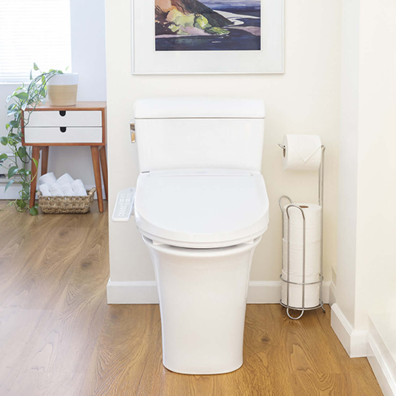 Brondell Swash Select DR801 Smart Bidet Toilet Seat with side arm control in a modern bathroom setting
