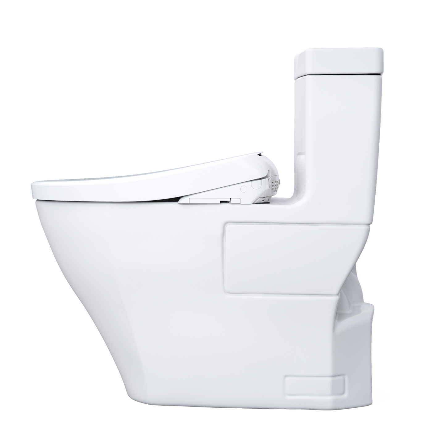 White toilet with seat cover on a white background
