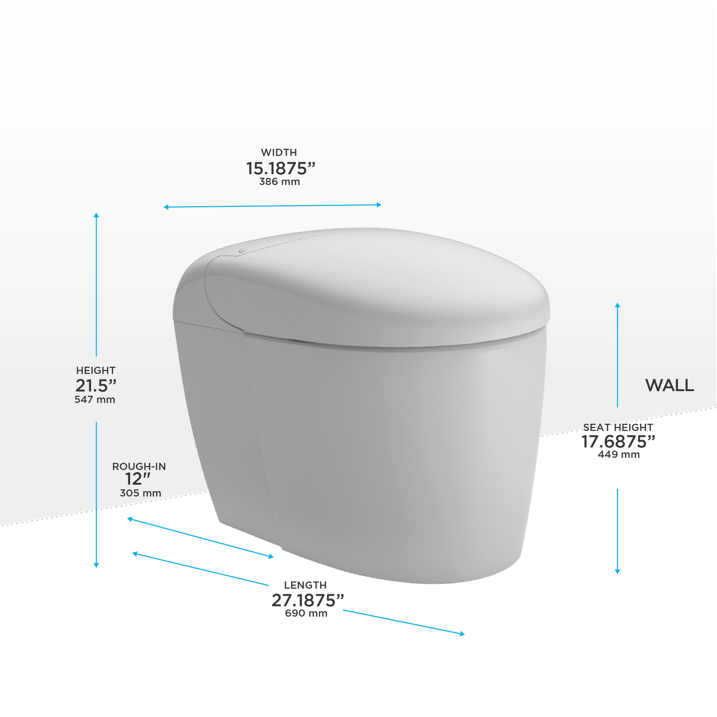 Gray toilet with dimensions labeled on a white background