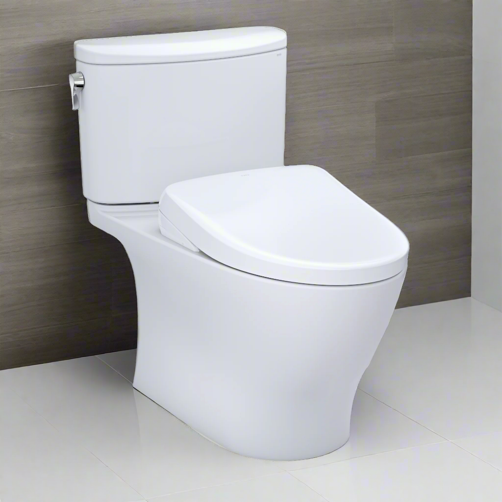 TOTO Nexus Washlet+ toilet with S7A smart bidet on a white tile floors and beige wall.