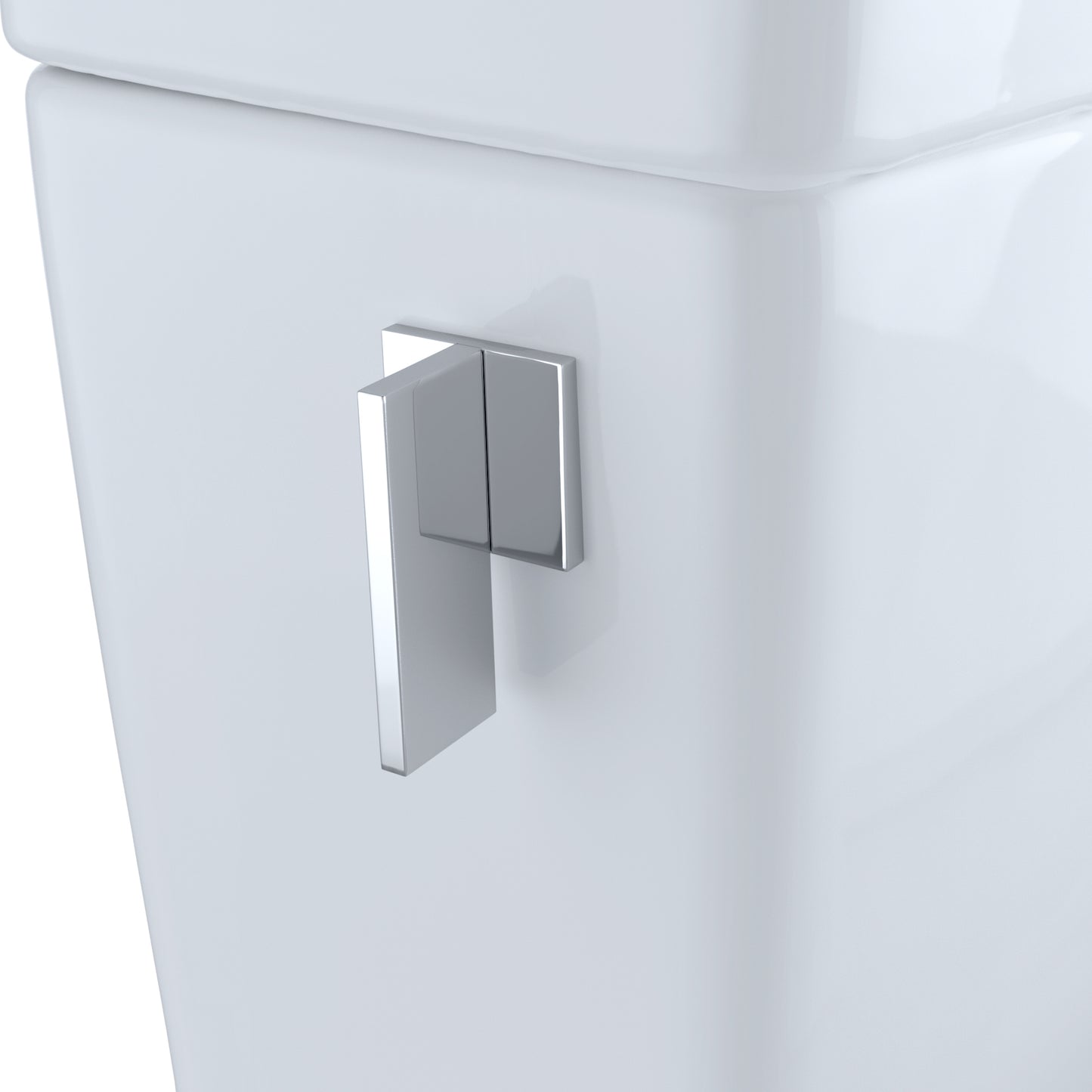 Chrome toilet flush handle on a white toilet bowl