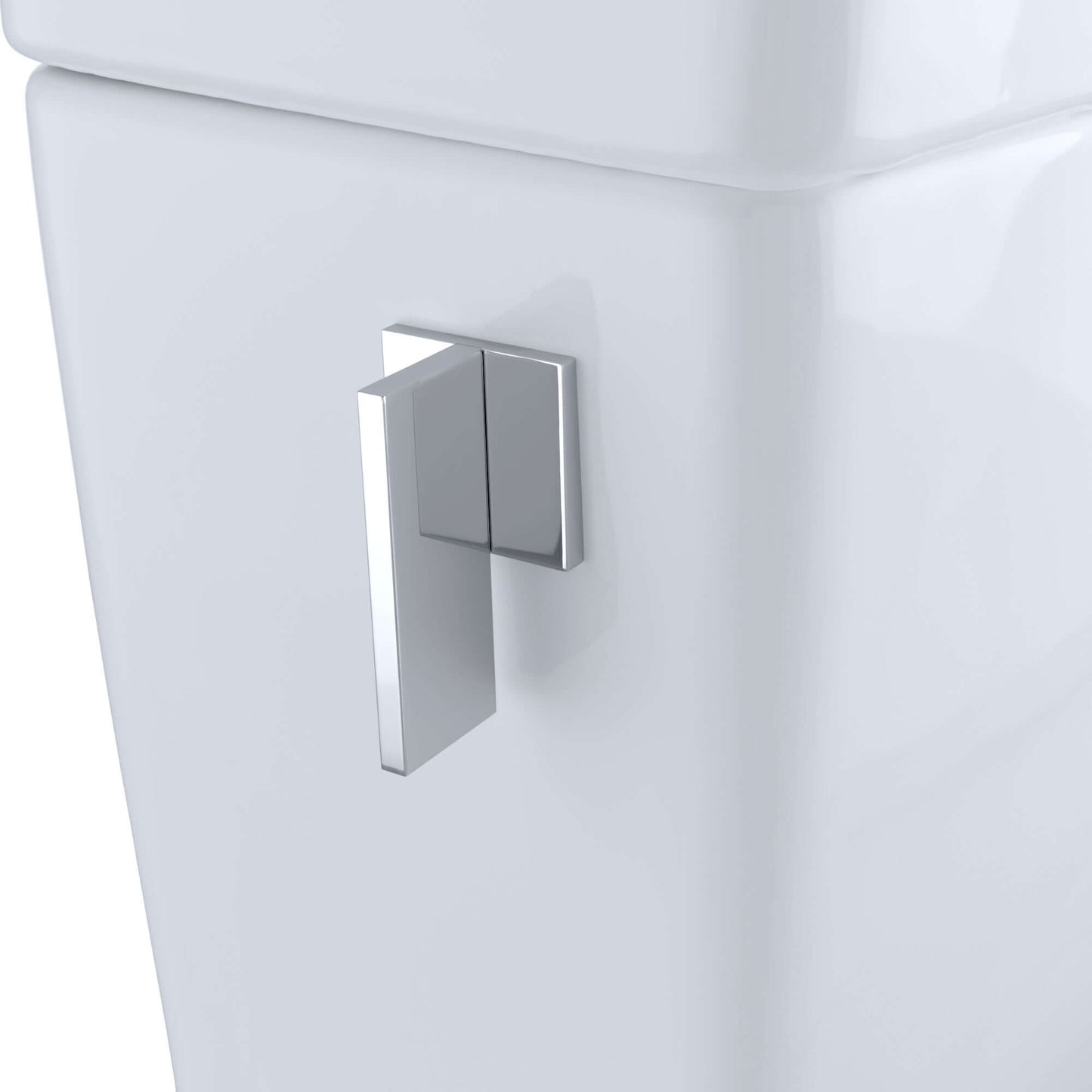 Close-up of the TOTO Legato Washlet bidet toilet's sleek flush handle with a modern chrome finish.