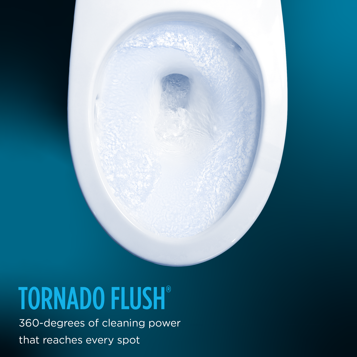 Toilet bowl with Tornado Flush cleaning product on a blue background