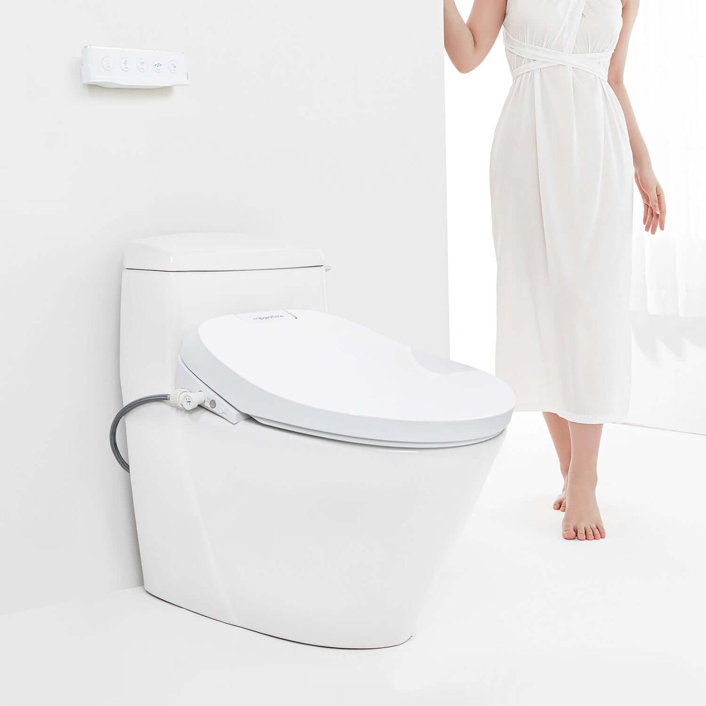 BidetMate 3500 Series Bidet Toilet Seat with automatic lid and remote, enhancing bathroom comfort.