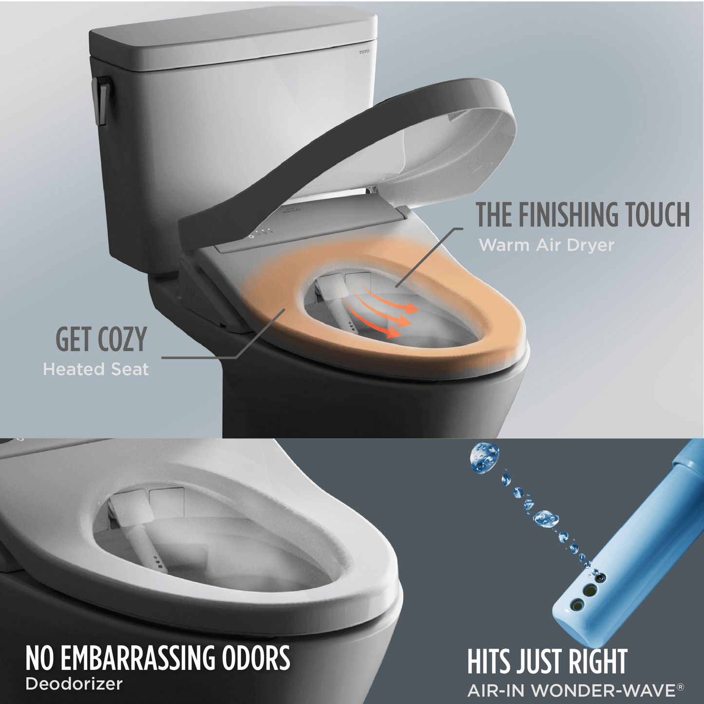 Toilet with heated seat, warm air dryer, and deodorizer features on a gray background.