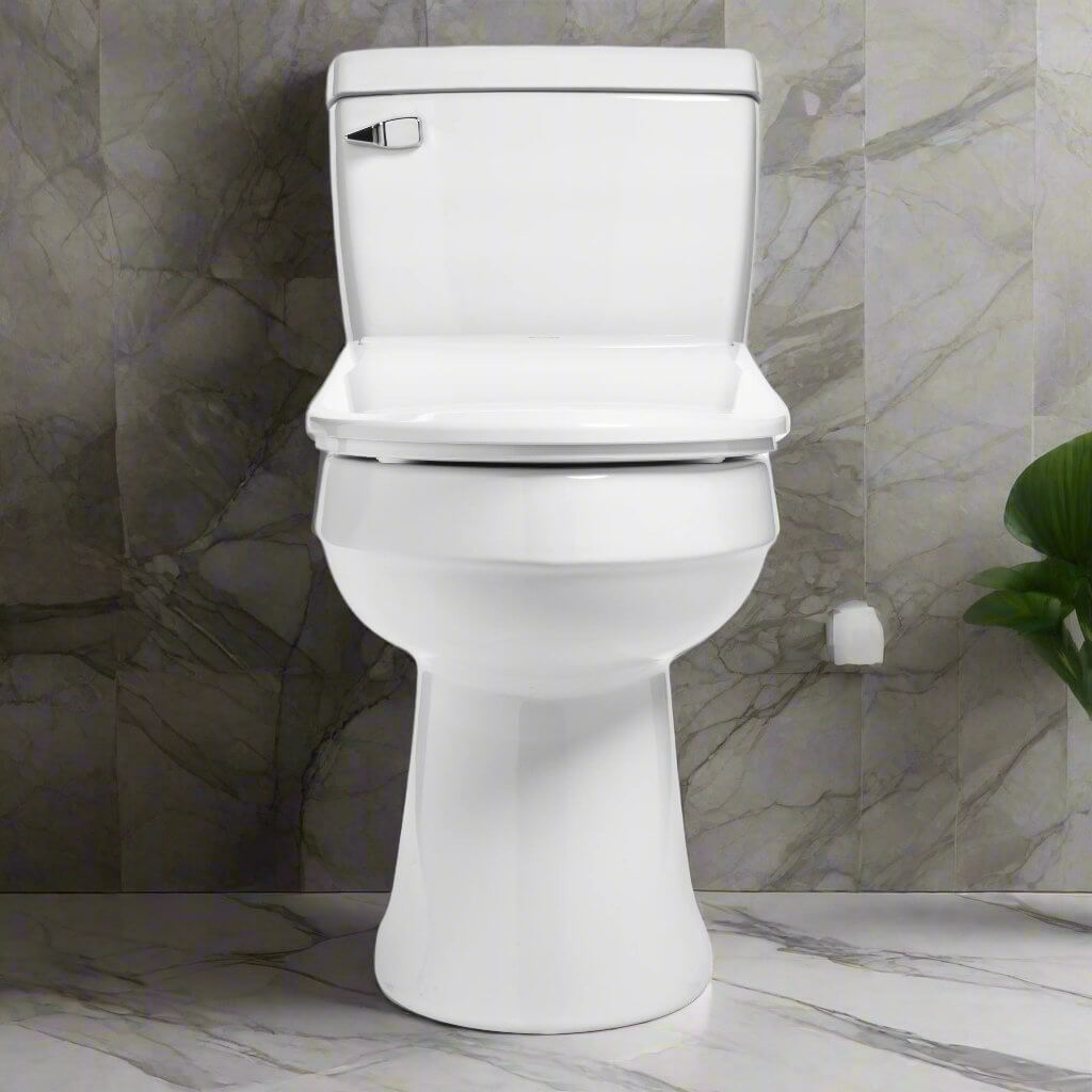 Brondell Swash Thinline T44 Smart Bidet Toilet Seat on modern marble bathroom floor.