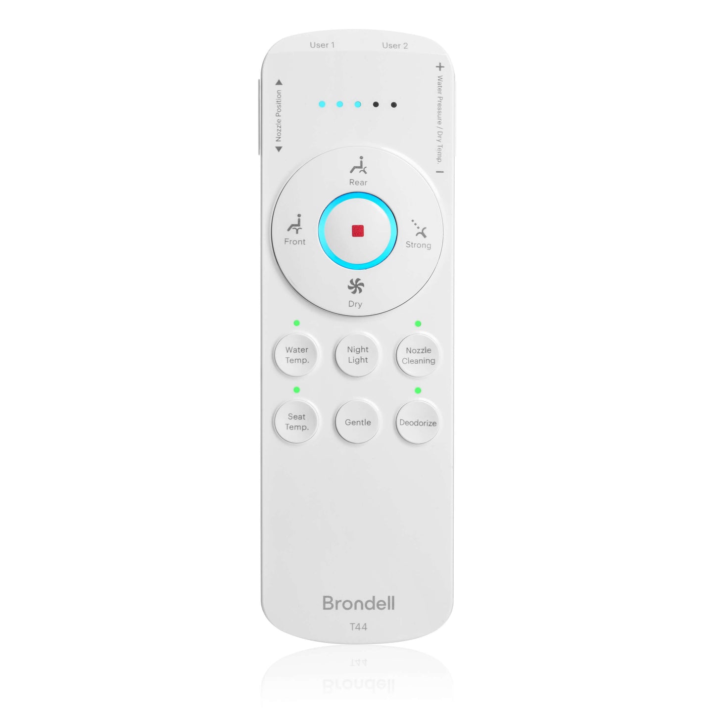 Brondell T44 smart bidet remote control features easy-to-use buttons and LED indicators for optimal bathroom comfort.