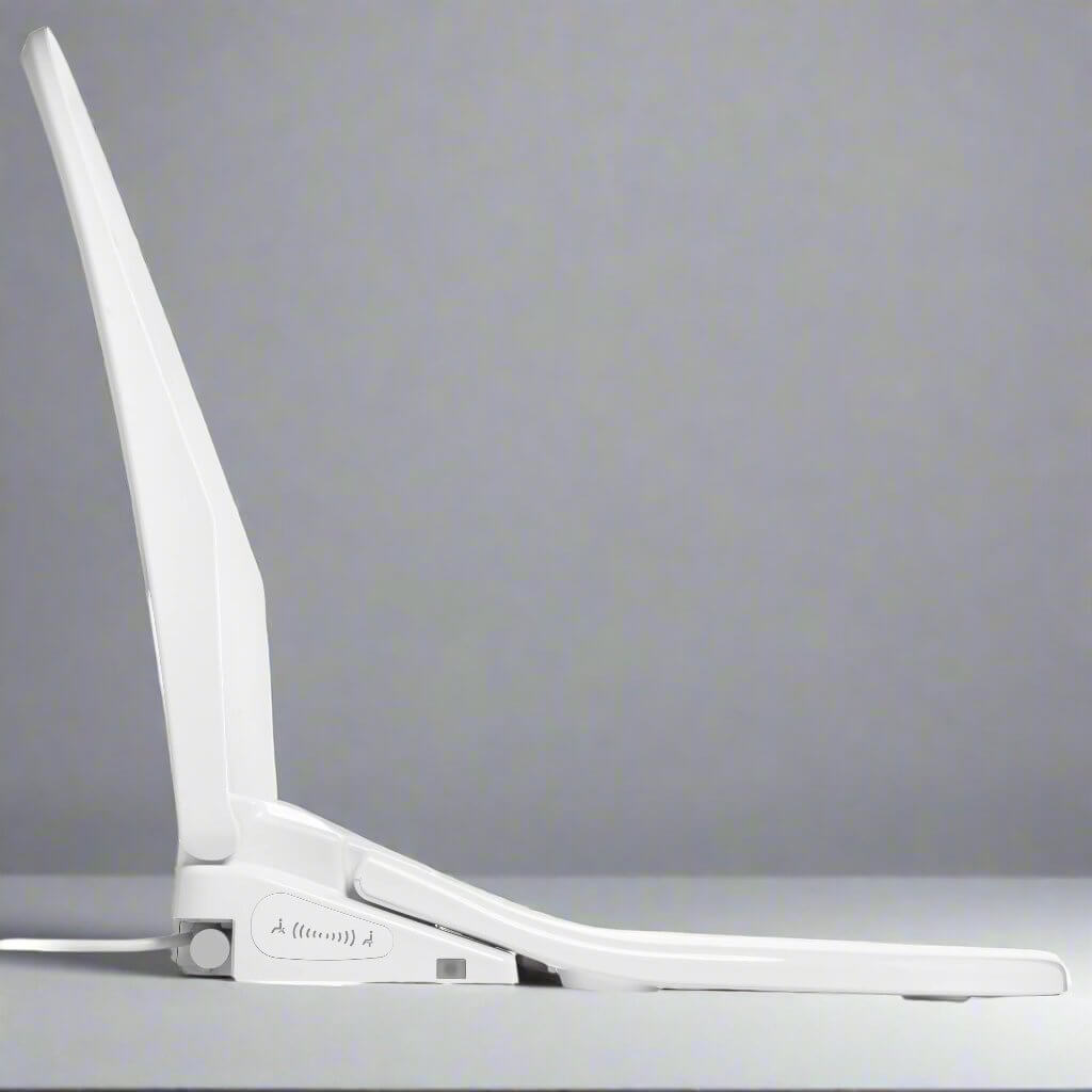 Side view of a sleek, modern white device with an adjustable angle, ideal for desk use.