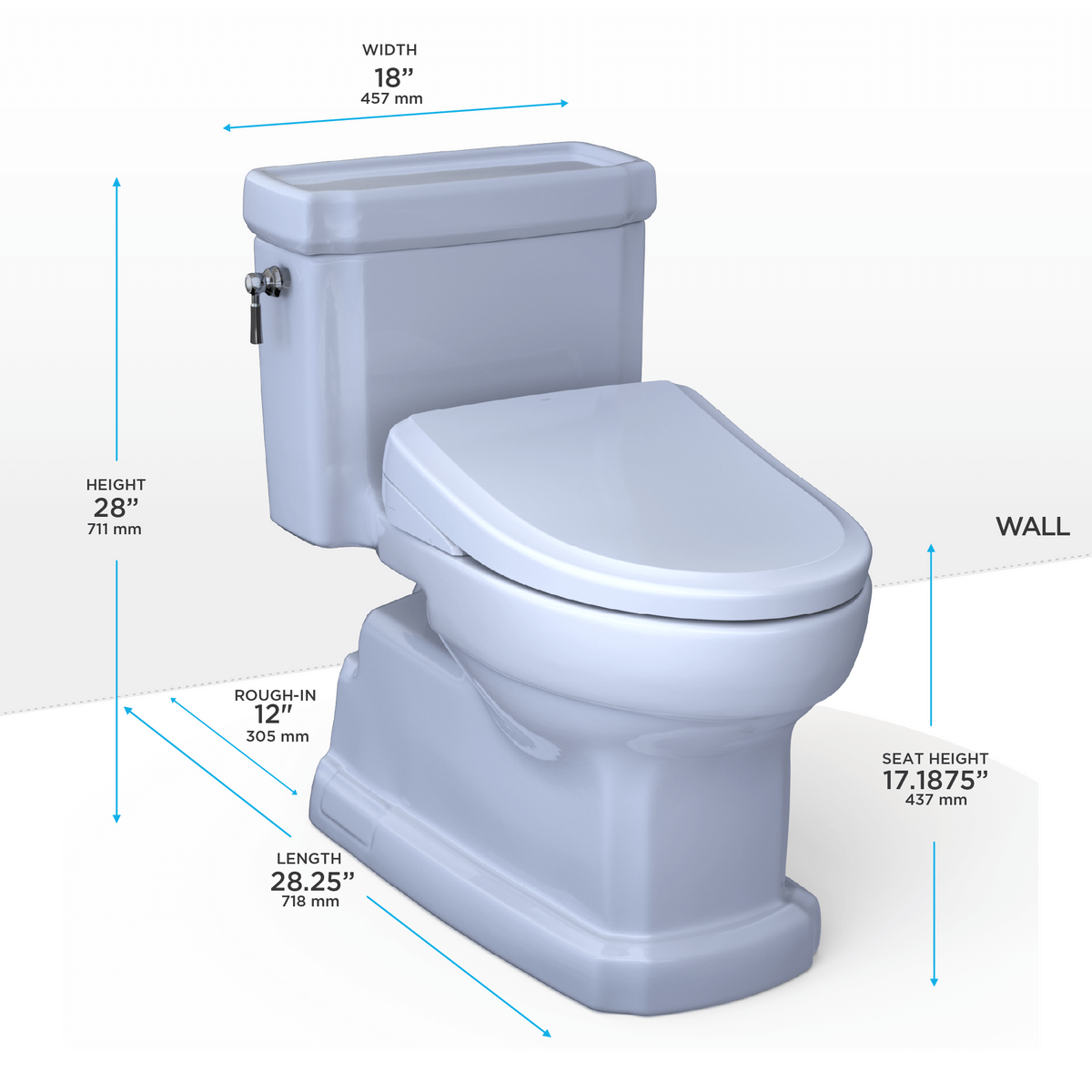 Dimensions of a modern toilet including height, width, length, and seat height for installation.