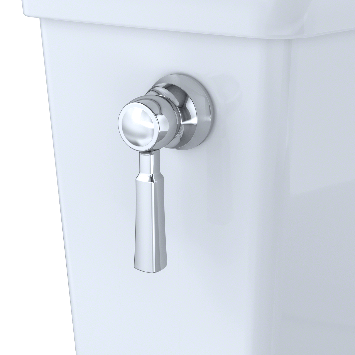 Close-up of the chrome flush handle on the TOTO Guinevere bidet toilet for easy operation.