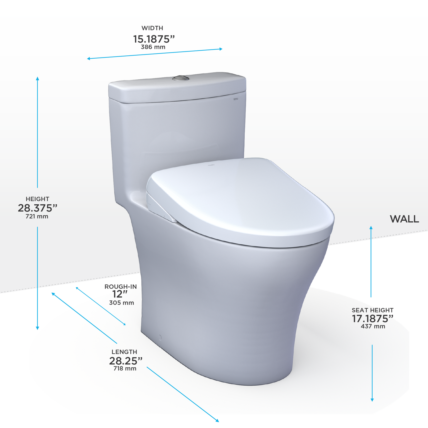 White toilet on white background with dimensions labeled