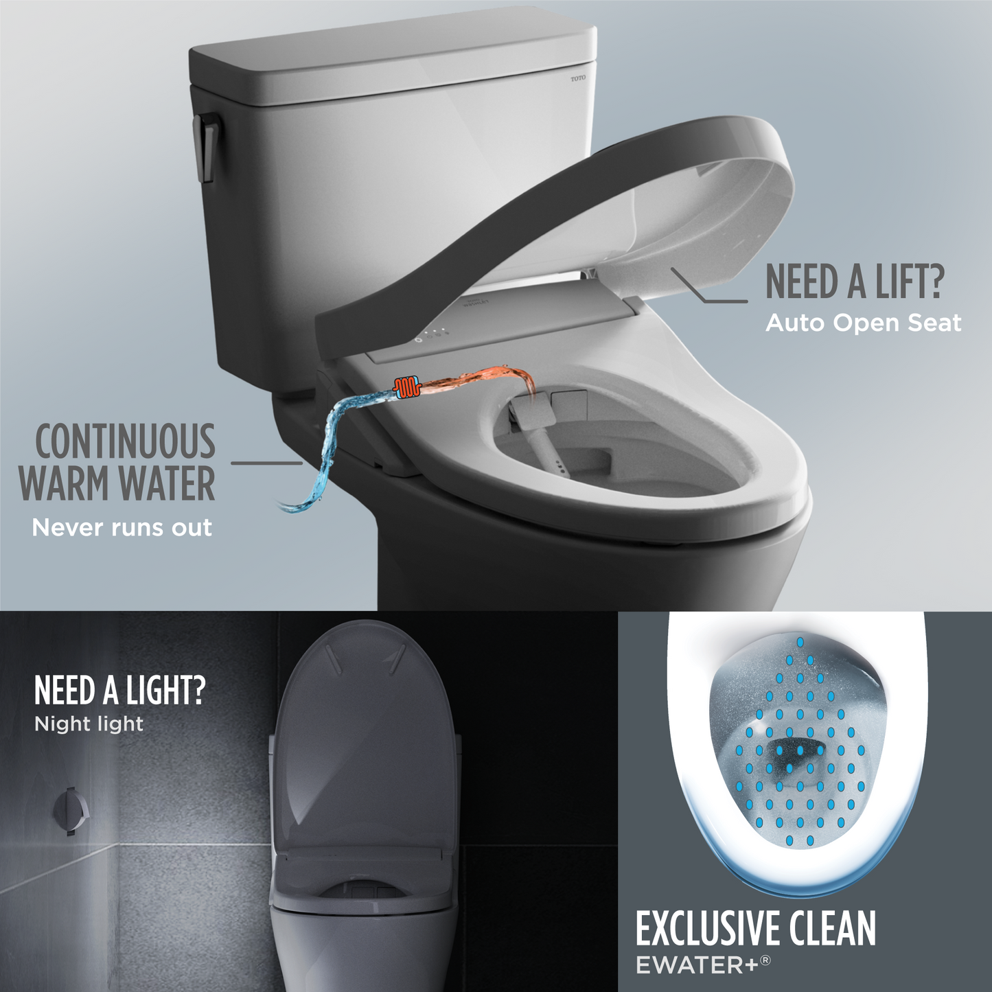 Toilet with auto open seat, continuous warm water feature, and night light on a gray background.