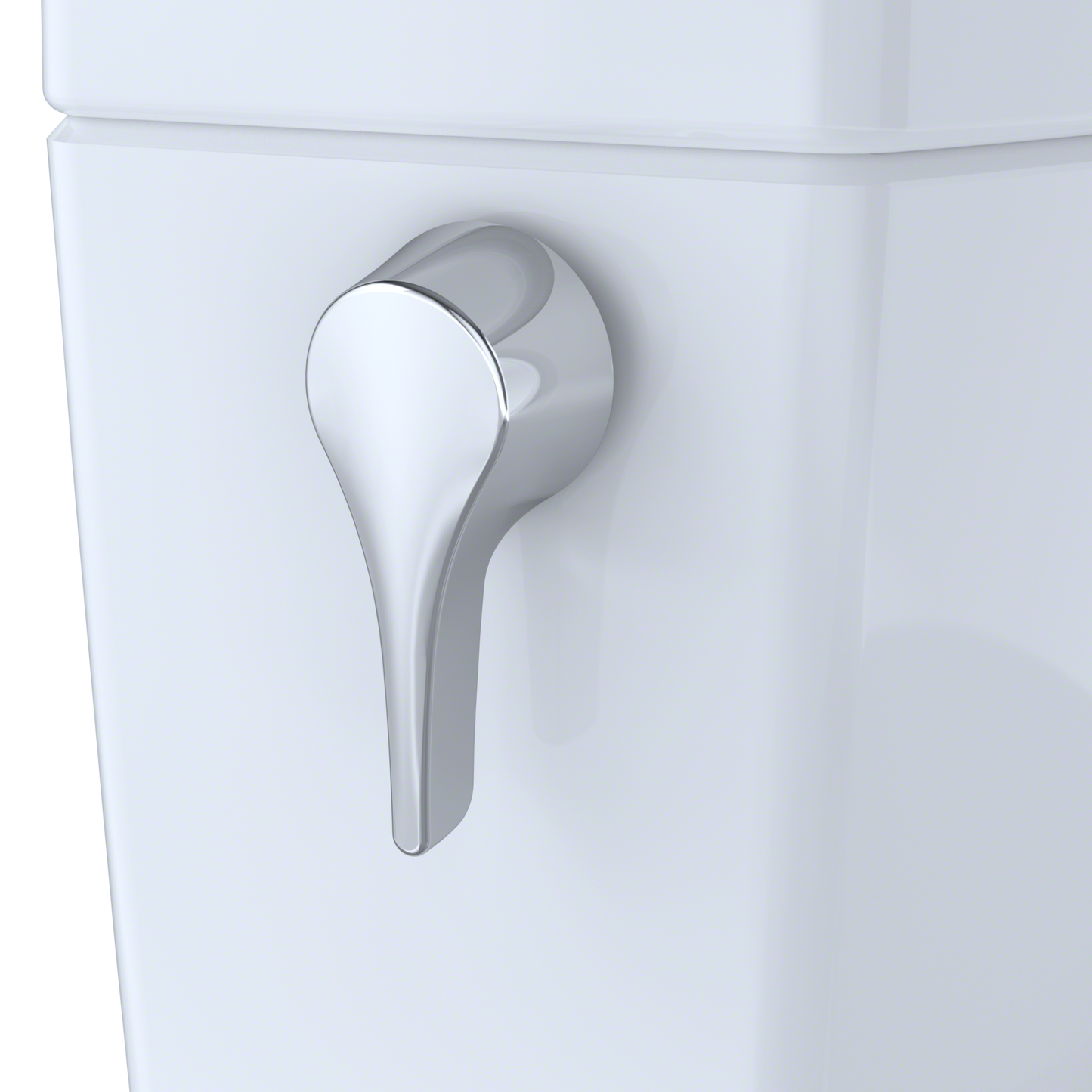 Close-up of a white toilet with a chrome flush handle on a white background