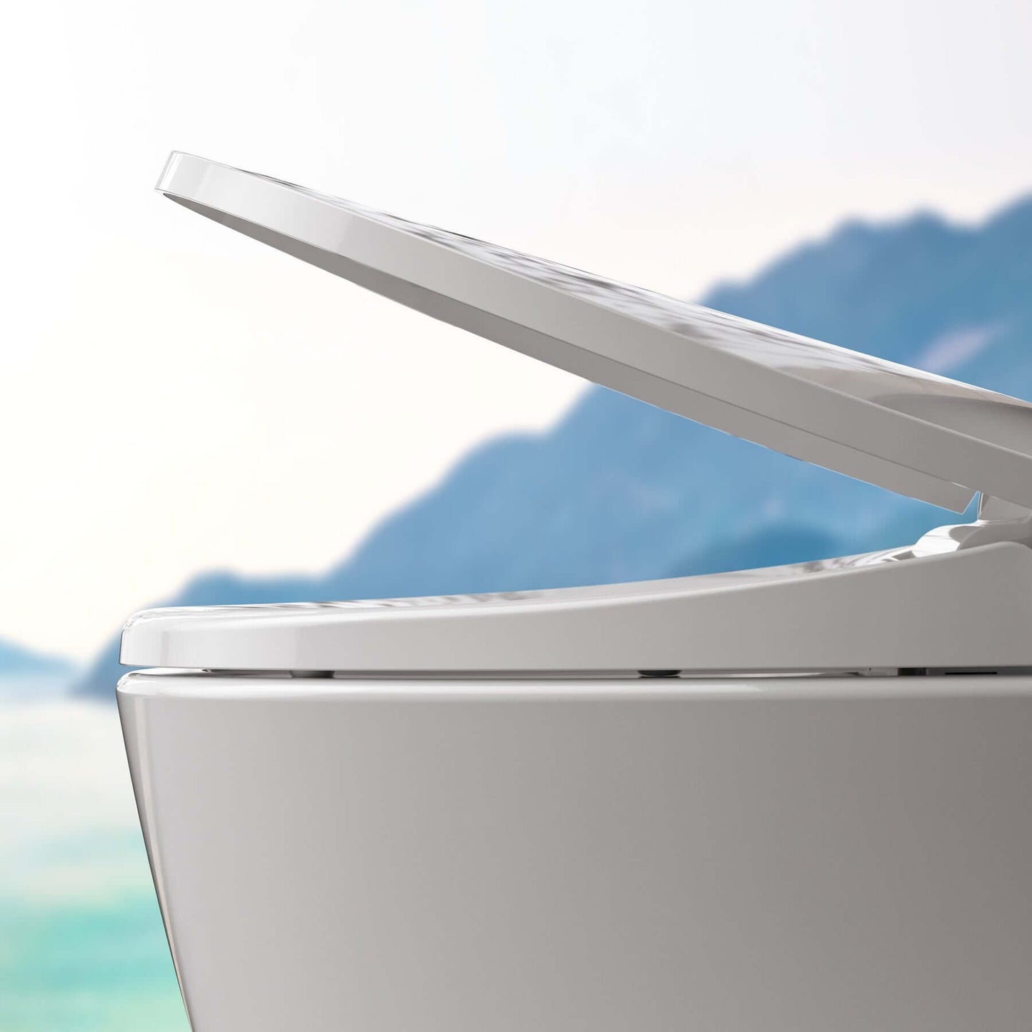 Close-up of the Bio Bidet Discovery DLX elongated smart toilet featuring a sleek, tankless design and open lid.