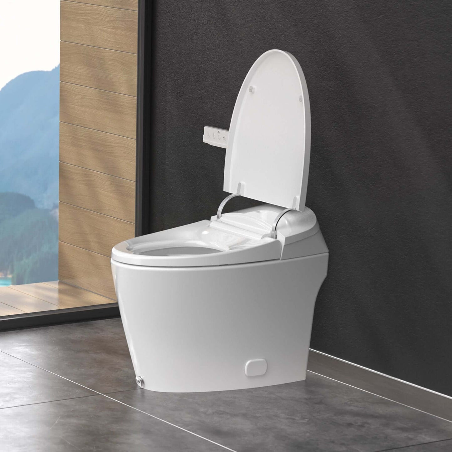 Bio Bidet Discovery DLX elongated smart toilet with tankless design and automatic lid in modern bathroom setting.