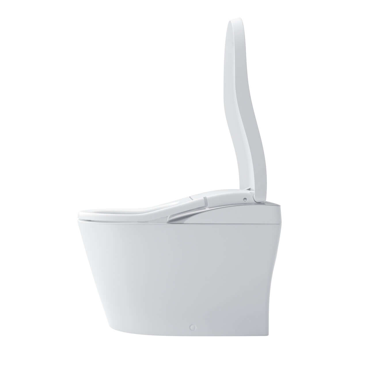 White toilet with open lid on a white background
