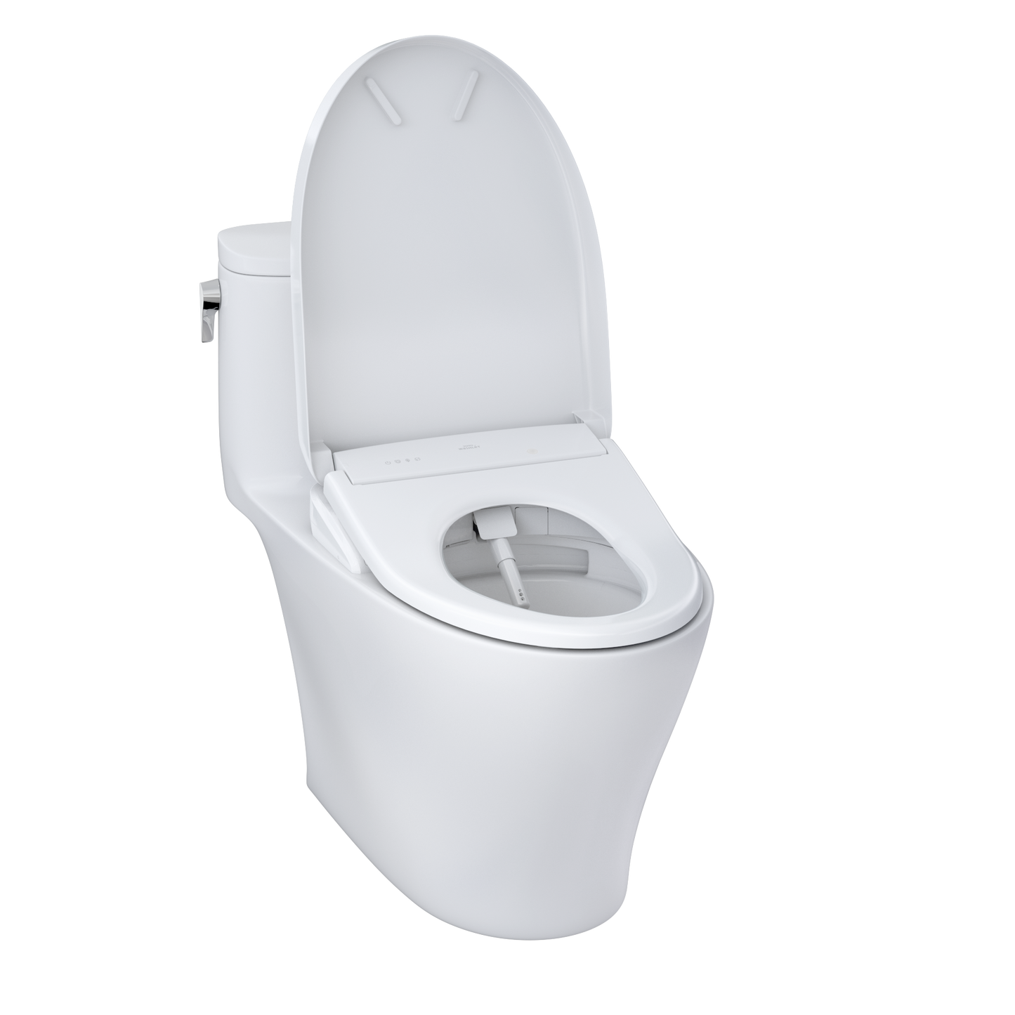 White toilet with open lid on a white background