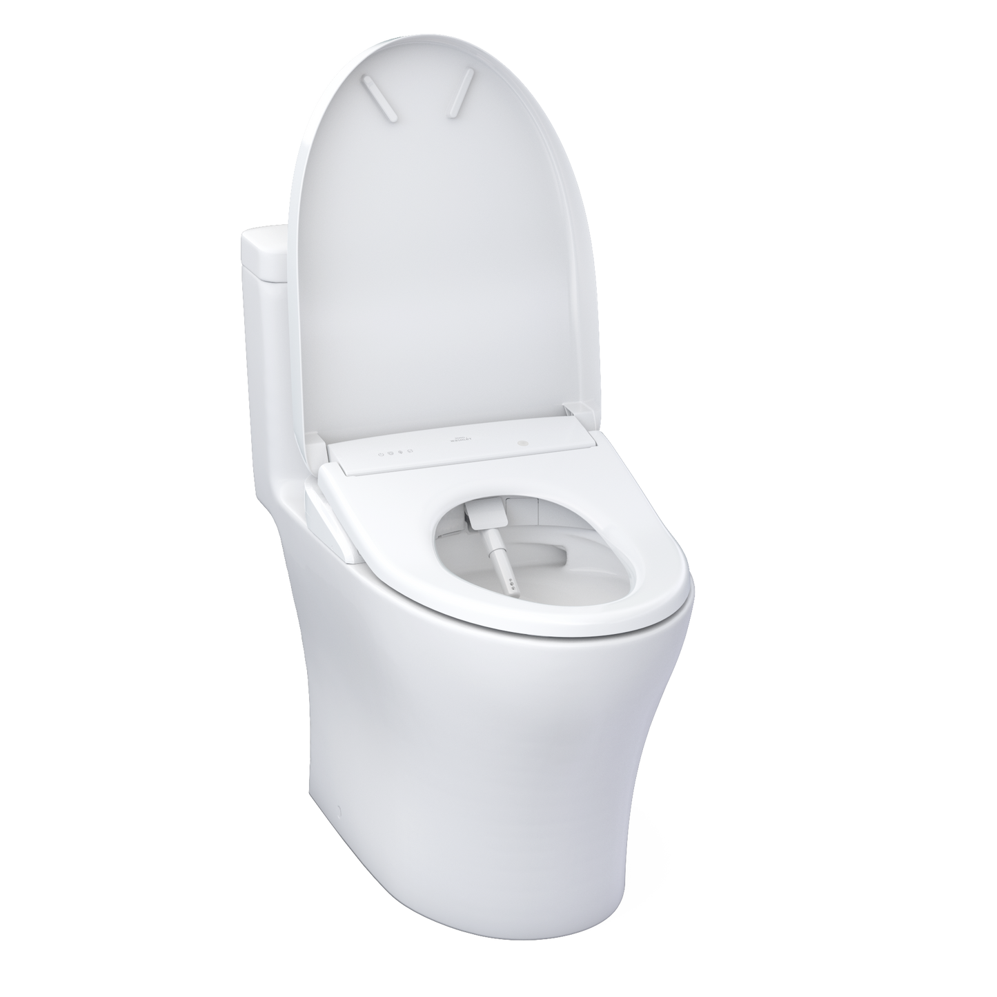 White toilet with open lid on a white background