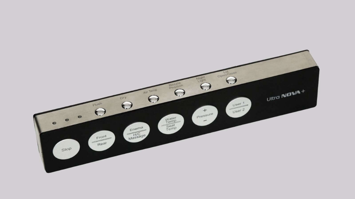 Remote control for the Nova Bidet Ultra NOVA with various hygiene function buttons.